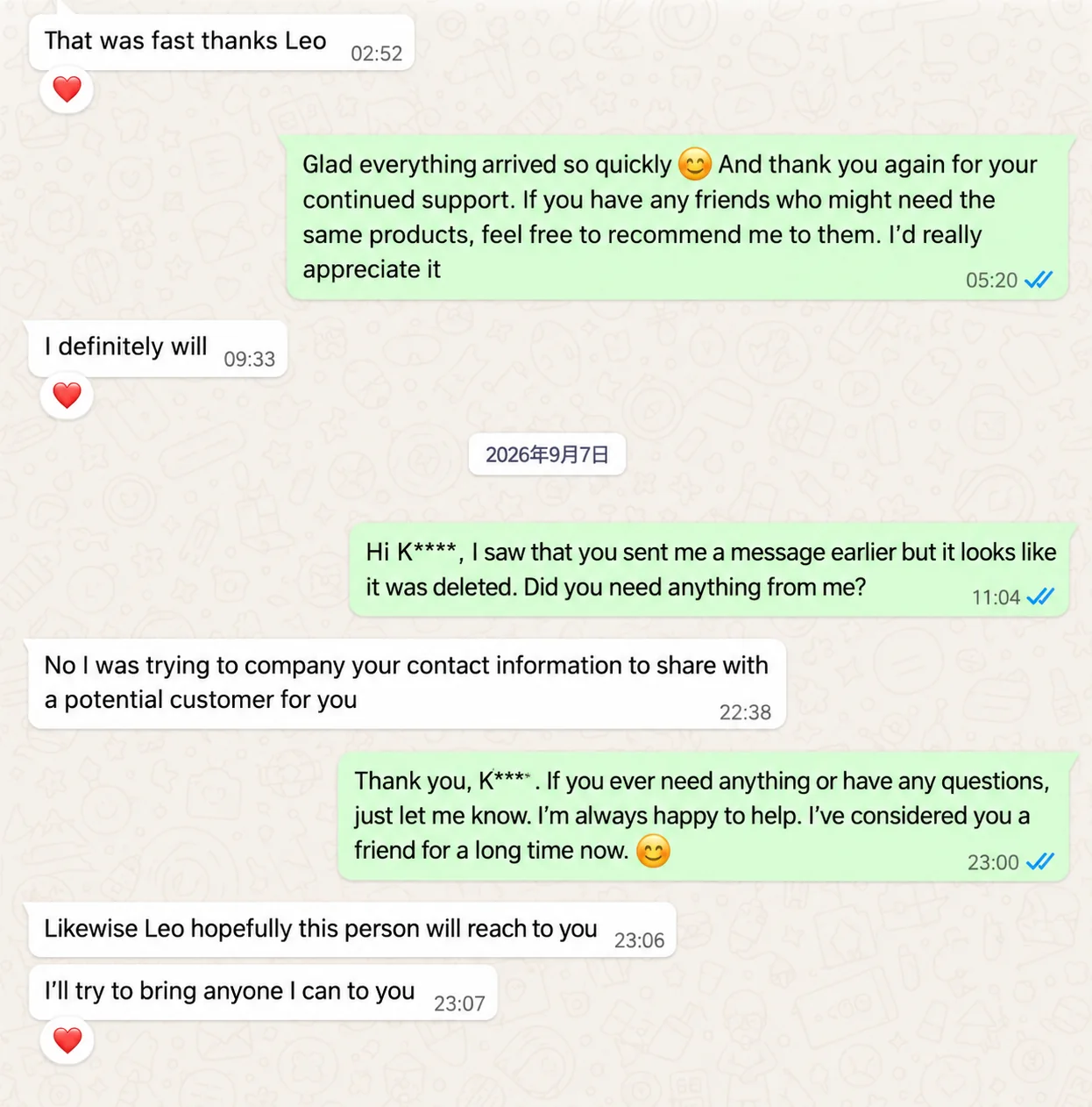 An anonymized client conversation about fast delivery and a referral