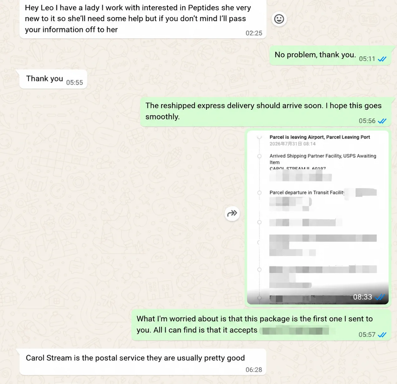 Anonymized client conversation showing referral and reshipment coordination
